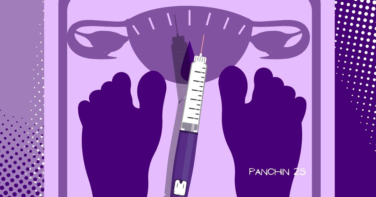 semaglutida perdida de peso brusca fertilidad mujer Balanza con ovarios enfrentados a una jeringa de semaglutida, representando el impacto del tratamiento en la fertilidad femenina.