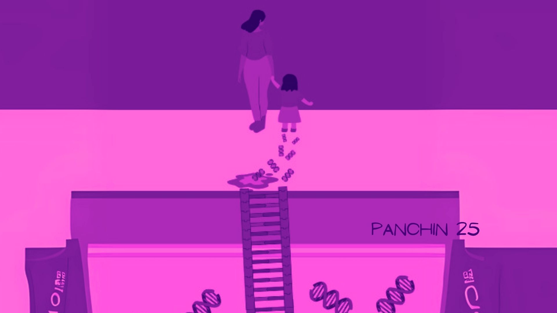 nipgta al futuro Ilustración metafórica de madre con hija saliendo de una piscina y dejando un rastro de ADN, simbolizando el test genético preimplantacional no invasivo (niPGT) y el ADN libre en el medio de cultivo.