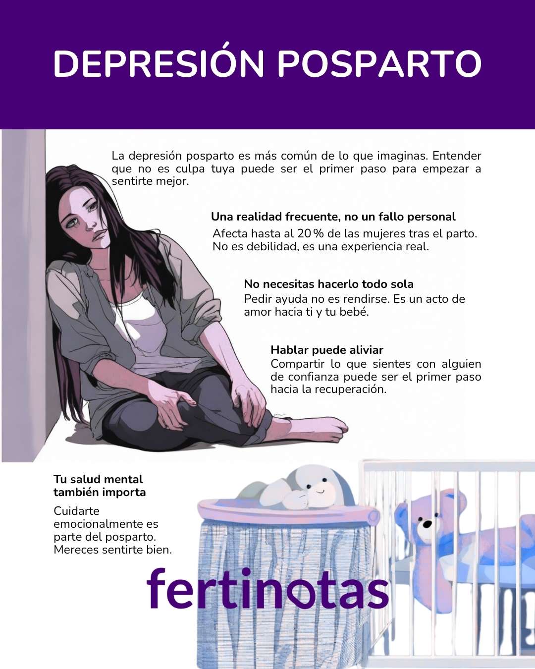 depresion posparto no estas sola Infografía con señales emocionales que podrían indicar depresión posparto, en tono empático y claro.