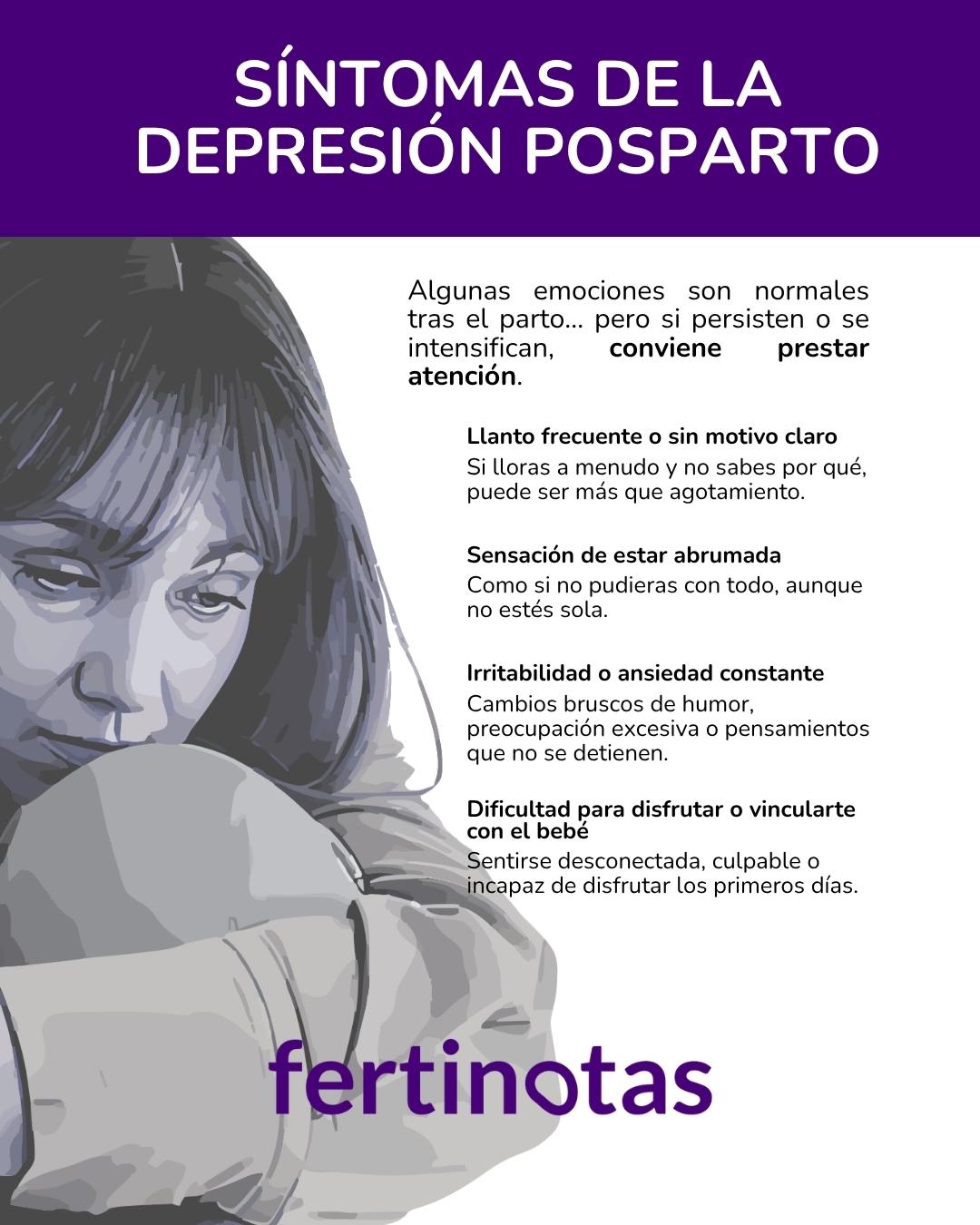 sintomas depresion posparto Infografía informativa sobre los síntomas más frecuentes de la depresión posparto en mujeres tras dar a luz.