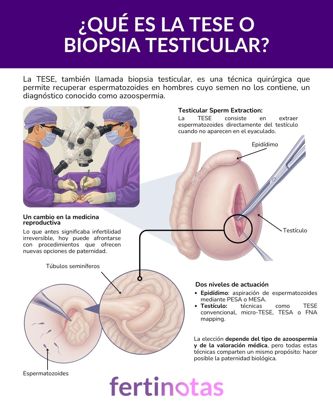 Infografía explicativa sobre la TESE o biopsia testicular, describiendo en qué consiste, cómo se aplica y qué técnicas se utilizan para recuperar espermatozoides en casos de azoospermia