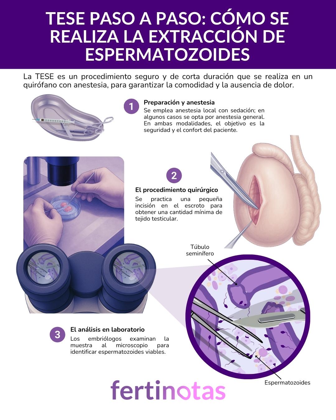como se hace la TESE o biopsia testicular paso a paso Infografía sobre el procedimiento de la TESE o biopsia testicular, explicando paso a paso cómo se realiza la extracción de espermatozoides y las diferencias entre TESE convencional y micro-TESE.