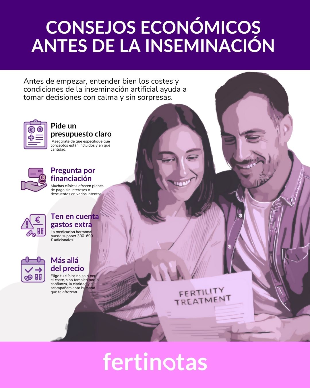 consejos-economicos-inseminacion-artificial-infografia Pareja revisando un presupuesto detallado y satisfechos con el precio y condiciones de la inseminación artificial.