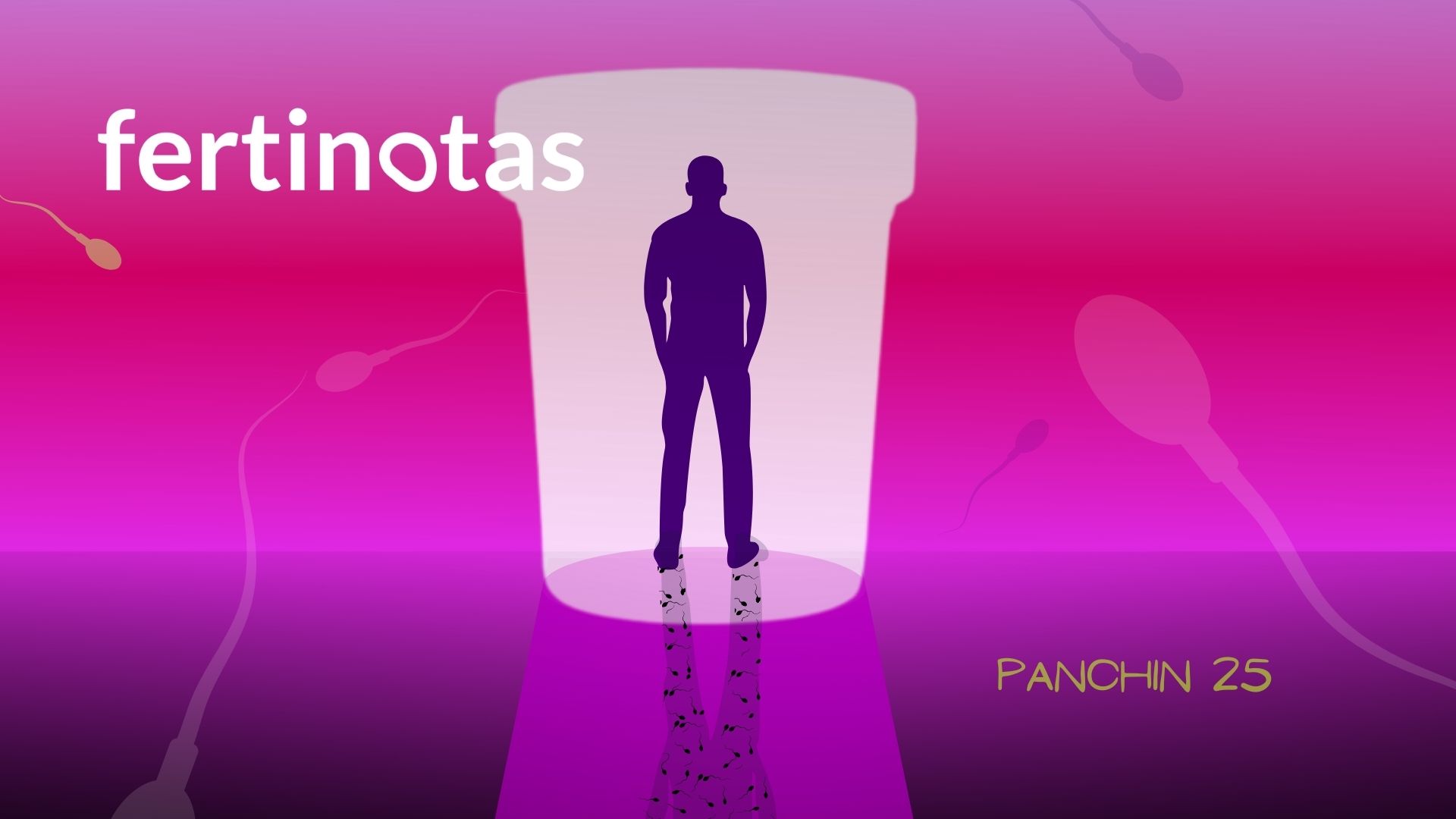 donar semen en siglo 21 panchin fertinotas lustración conceptual de un hombre joven de espaldas mirando hacia una luz con forma de envase recolector de semen. En el entorno oscuro, su sombra se disuelve en cientos de espermatozoides, simbolizando el impacto de la donación en fertilidad y nuevas familias.