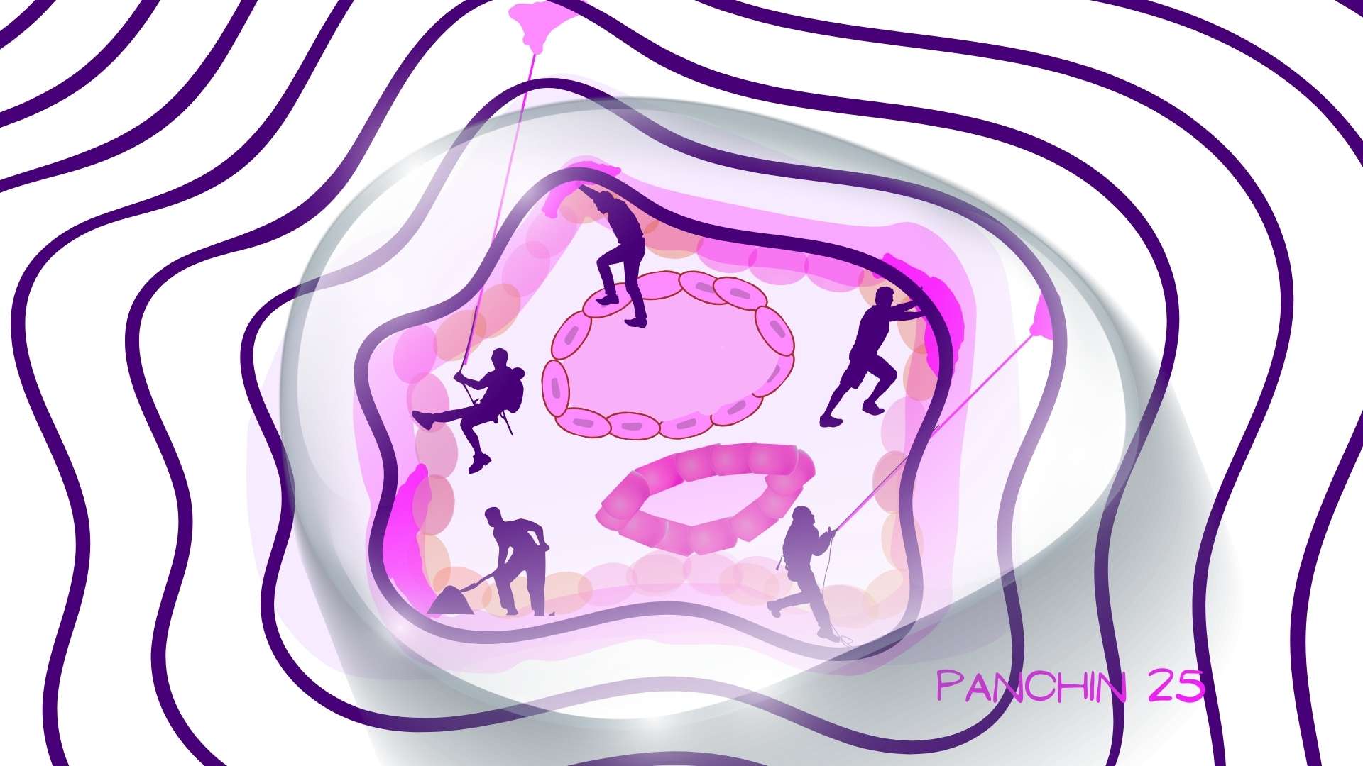 implantación del embrión fuerzas fisicas Ilustración artística de un blastocisto humano rodeado de líneas de fuerza, con figuras humanas metafóricas que tiran, cavan y empujan como obreros, simbolizando las fuerzas que el embrión ejerce durante la implantación.