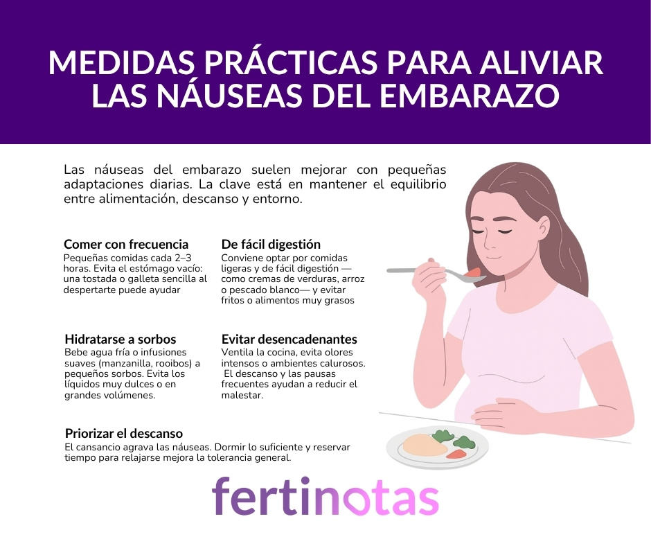 Infografía con recomendaciones para aliviar las náuseas del embarazo: comidas ligeras, hidratación a sorbos, descanso y control de olores.