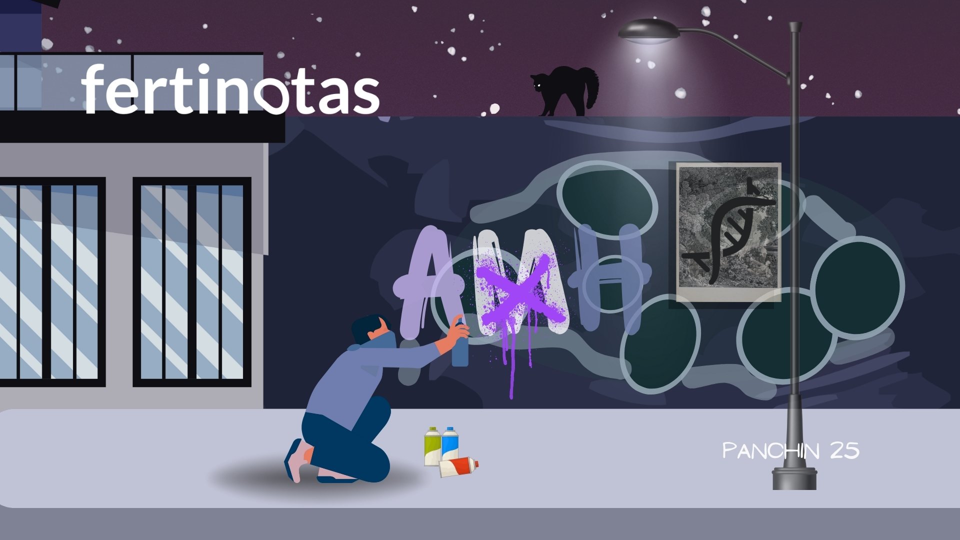 Ilustración metafórica de un grafitero que tacha una letra de la palabra “hormona antimülleriana” pintada sobre una ecografía de ovarios, con un cartel de ADN colgado en la pared, simbolizando la mutación genética que altera la función y detección de la AMH.