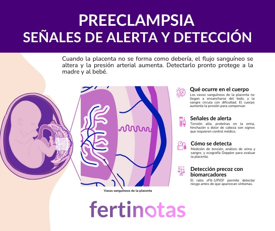 Infografía médica sobre la preeclampsia que muestra cómo se origina, cuáles son las señales de alerta y cómo puede detectarse a tiempo durante el embarazo.