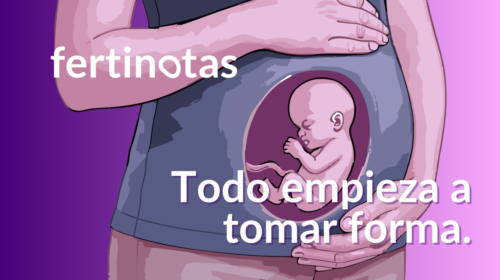 Ilustración médica y artística que muestra a una mujer embarazada de 10 semanas con transparencia anatómica donde se visualiza el feto de 3,5 cm dentro del útero.