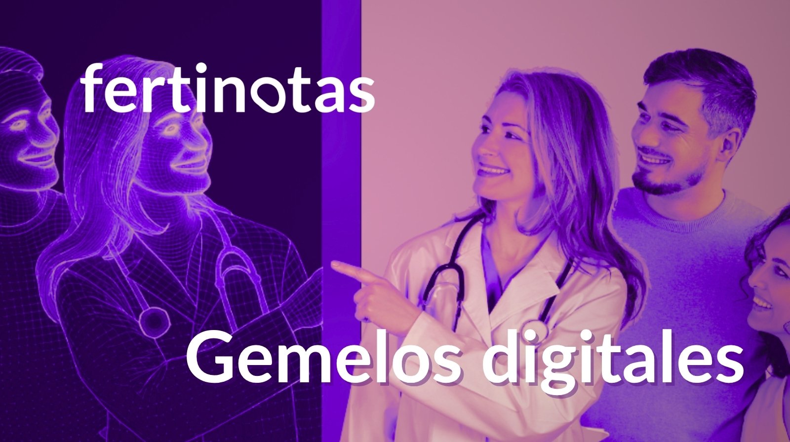 Médico especialista en reproducción asistida conversando con una pareja, mientras sus siluetas aparecen reflejadas como un holograma digital que representa un gemelo virtual.