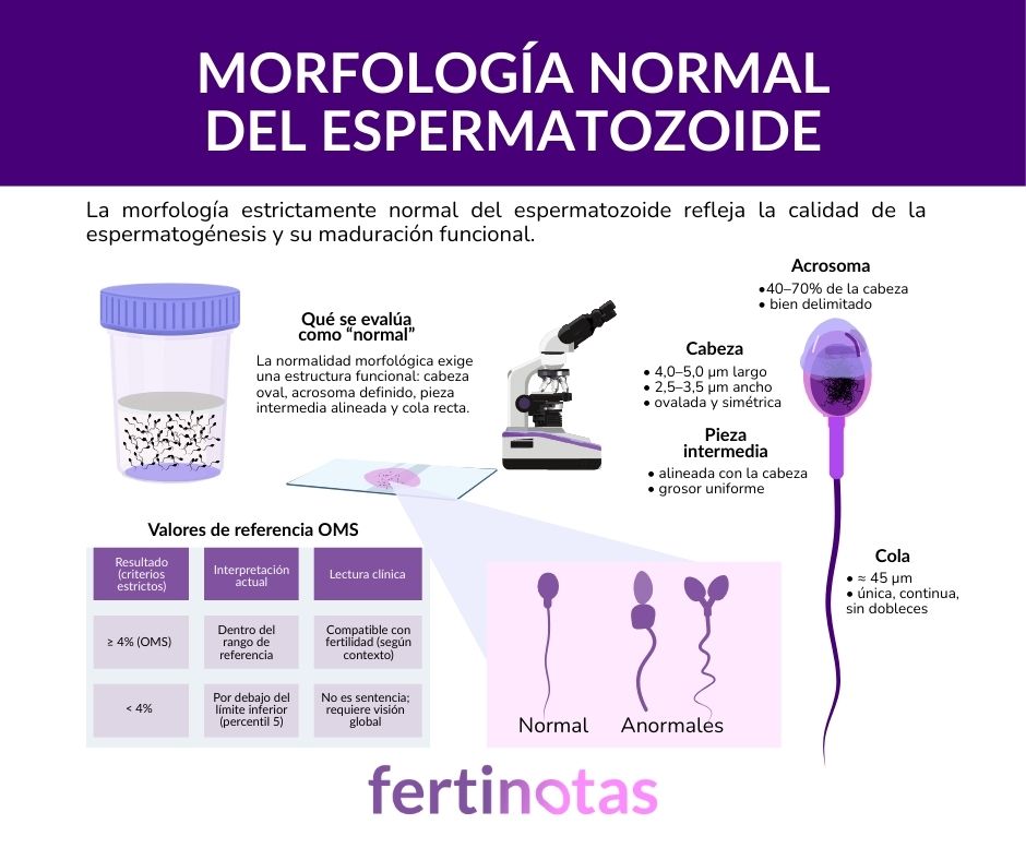 Infografía explicativa sobre la morfología normal del espermatozoide según criterios estrictos de Kruger y valores de referencia de la OMS.