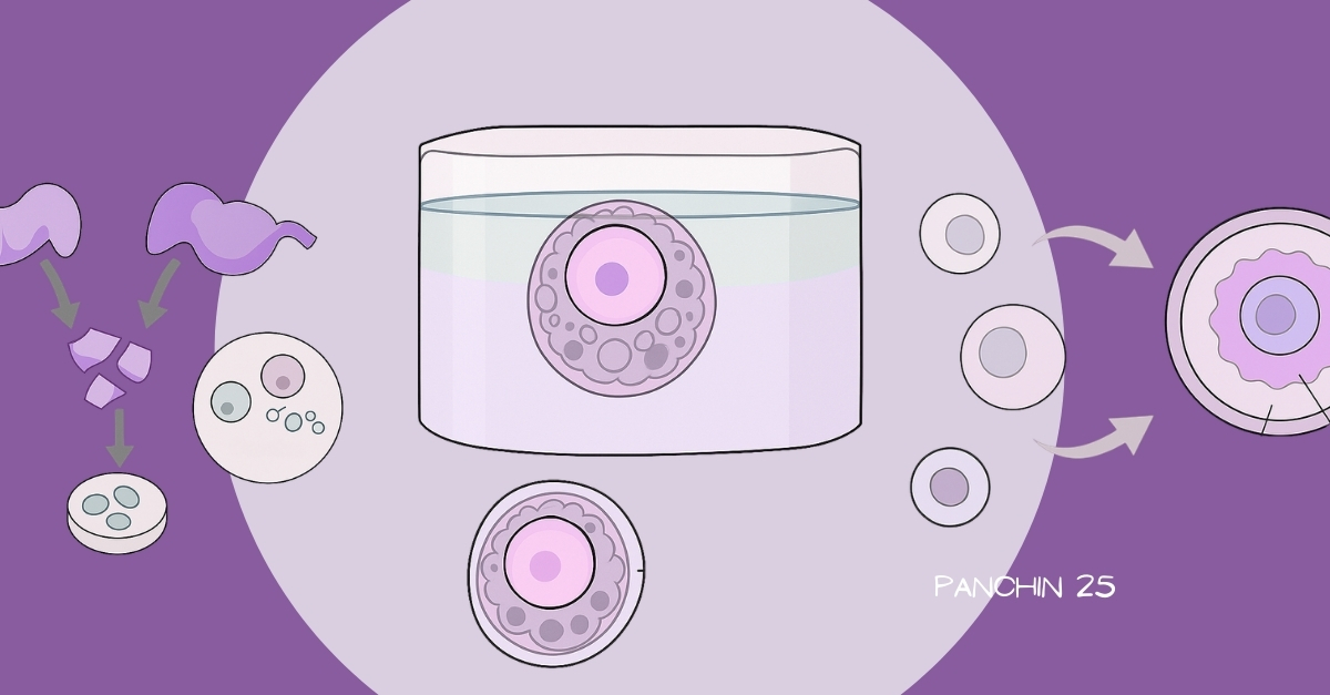Ilustración científica de mini-ovarios en cultivo que muestra la activación de folículos primordiales mediante la señal molecular KITL–c-KIT.