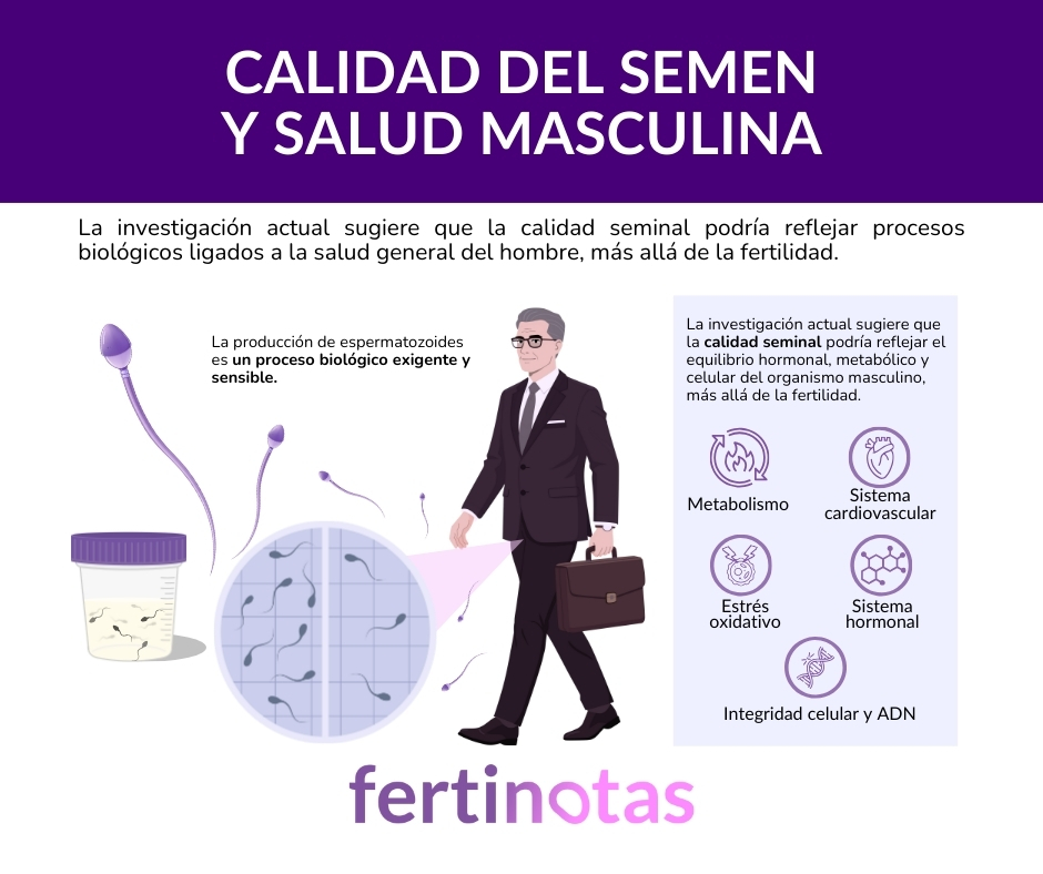 Infografía que explica cómo la calidad del semen puede reflejar procesos biológicos relacionados con la salud masculina, como metabolismo, sistema hormonal y ADN.