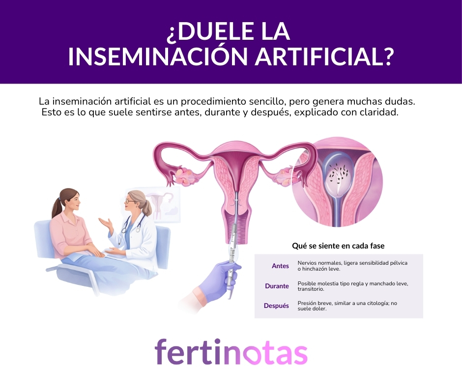 Ilustración del procedimiento de inseminación artificial y las sensaciones habituales antes, durante y después del tratamiento.