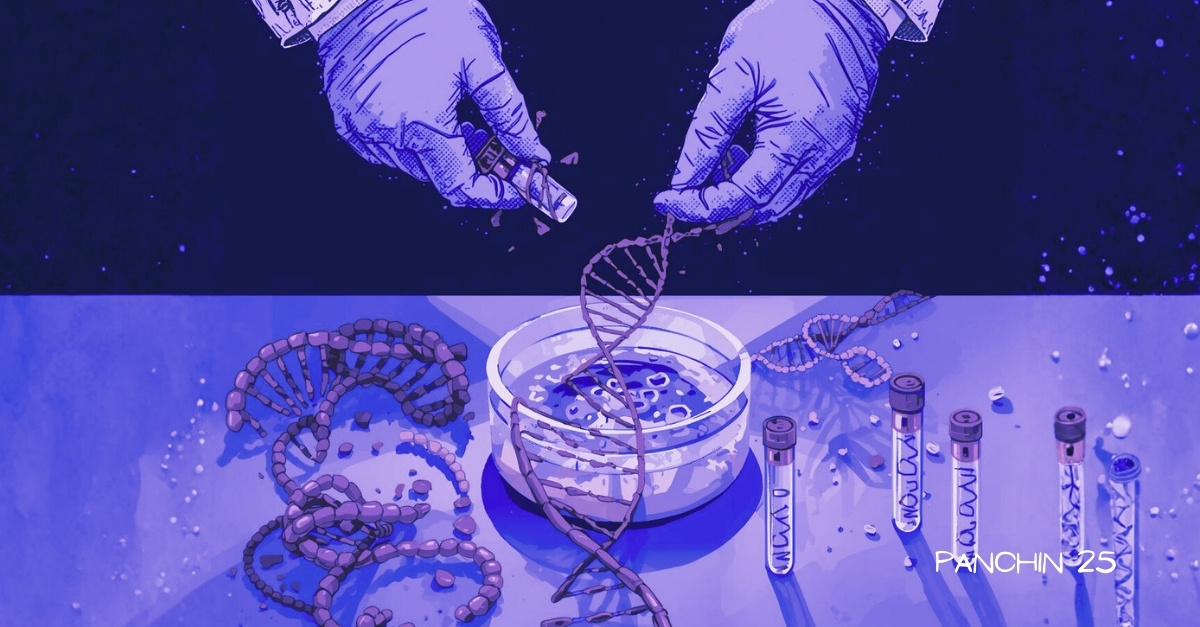 Ilustración científica que representa el análisis genético mediante PGT-A y la interpretación del ADN en el diagnóstico de embrión mosaico.