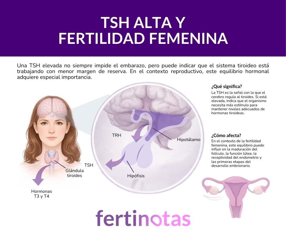 Infografía médica que muestra el eje hipotálamo-hipófisis-tiroides y cómo una TSH elevada puede afectar la ovulación y la receptividad endometrial.