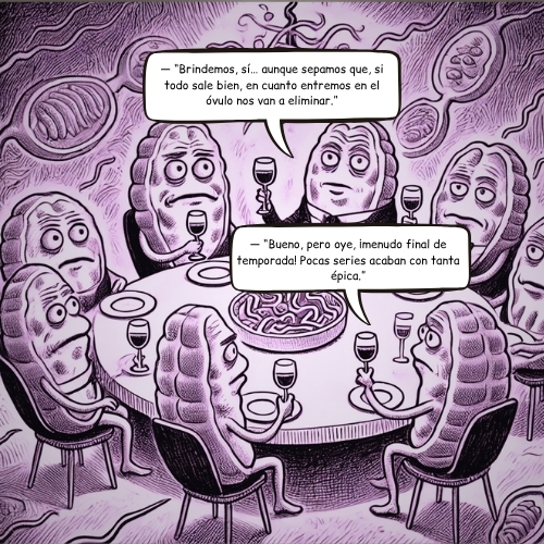 Ilustración humorística de mitocondrias paternas siendo eliminadas tras la fecundación en el óvulo