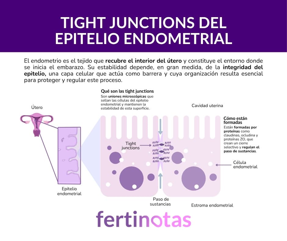 Infografía sobre las tight junctions del epitelio endometrial y su función en la implantación