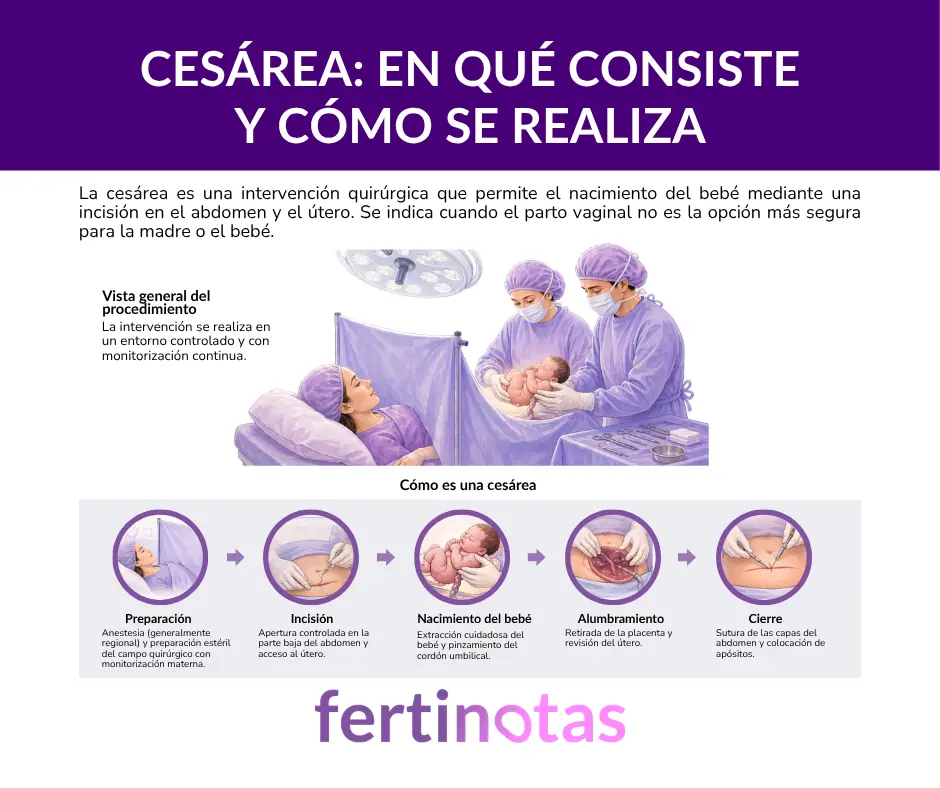 Infografía médica sobre cesárea que explica los pasos del procedimiento: preparación, incisión, nacimiento del bebé, alumbramiento y cierre