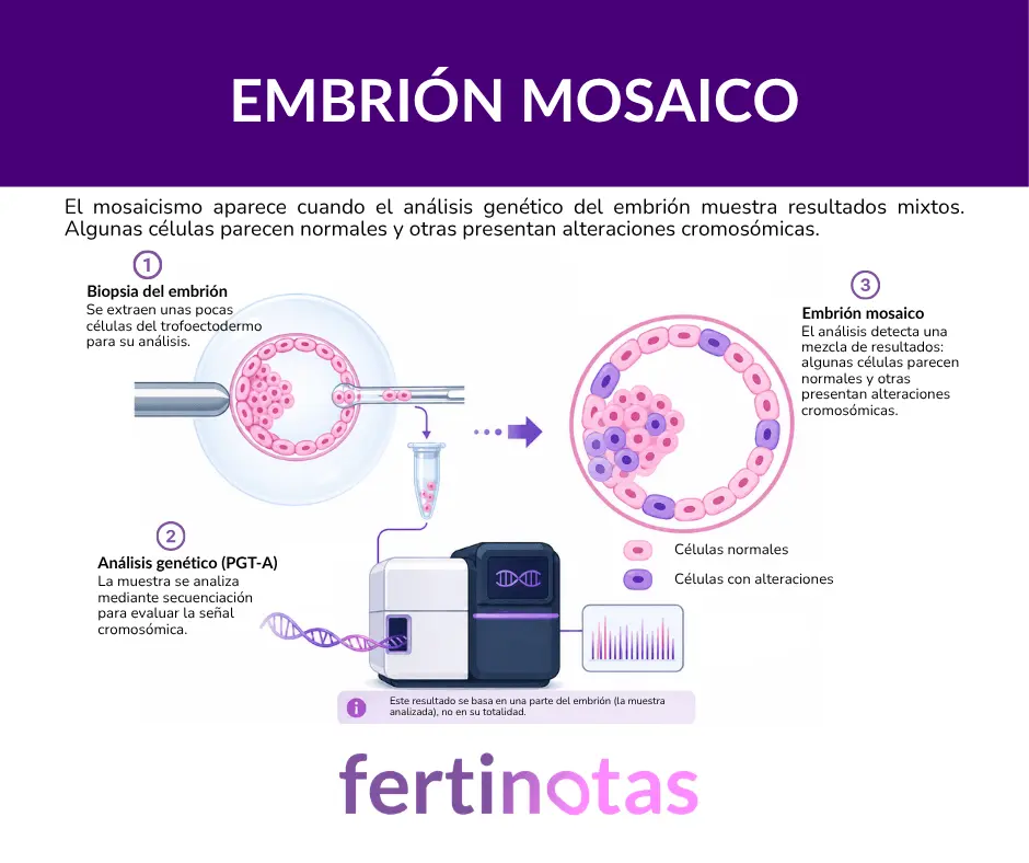 Infografía que explica qué es un embrión mosaico, cómo se analiza con PGT-A y cómo se interpreta el resultado