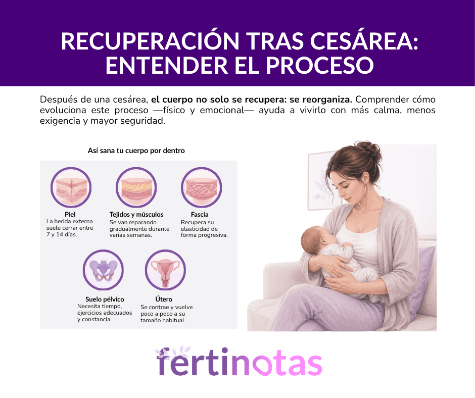 Mujer en casa sosteniendo a su bebé durante la recuperación tras una cesárea, con ilustraciones médicas de cambios en el cuerpo