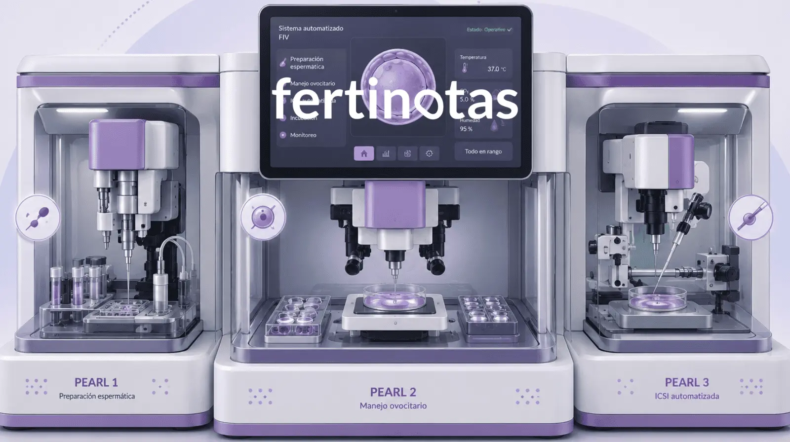 Ilustración de plataformas automatizadas de fecundación in vitro con sistemas de preparación espermática, manejo ovocitario e ICSI automatizada