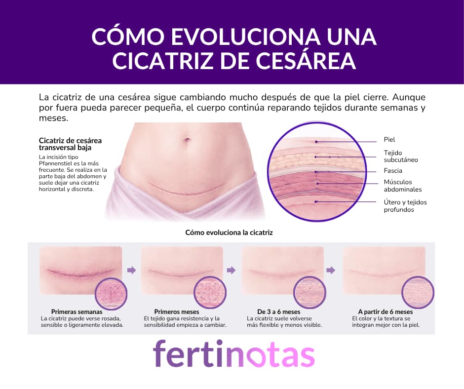 Infografía médica sobre cómo evoluciona una cicatriz de cesárea desde las primeras semanas hasta la fase de maduración.