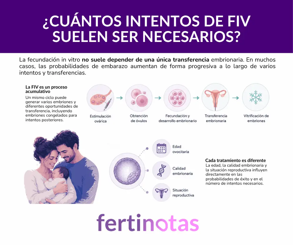 Infografía sobre fecundación in vitro que explica cómo aumentan las probabilidades de embarazo a lo largo de varios intentos y transferencias embrionarias.