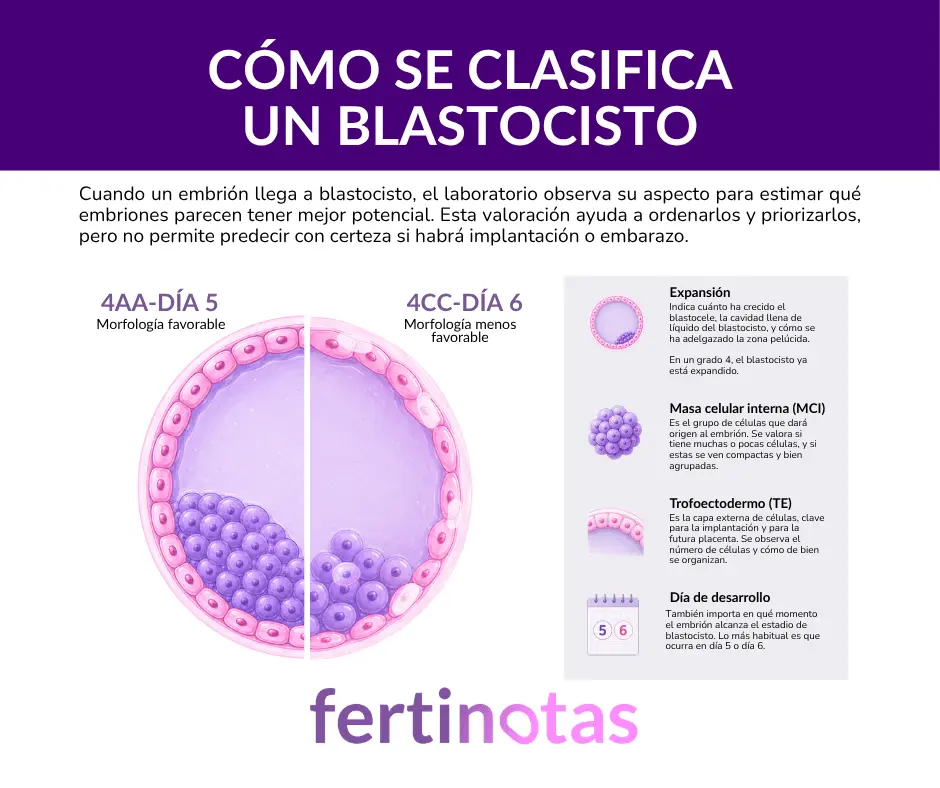 Infografía sobre cómo se clasifica un blastocisto según expansión, masa celular interna, trofoectodermo y día de desarrollo.