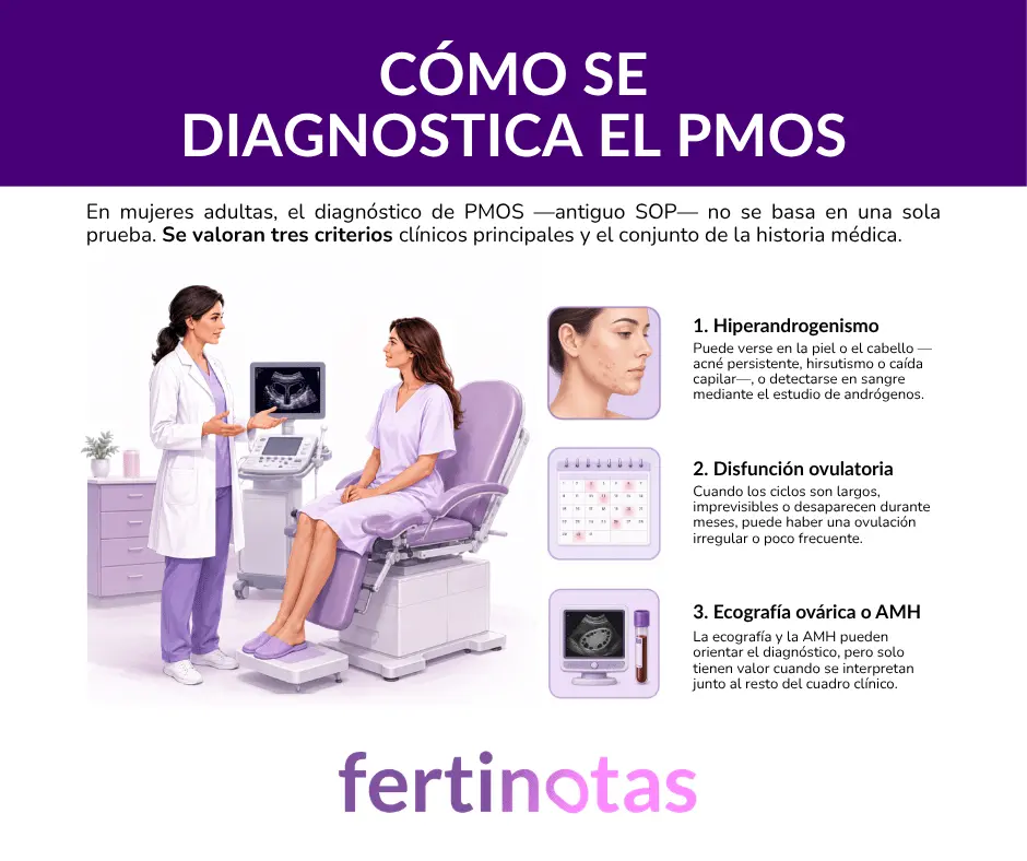 Infografía sobre cómo se diagnostica PMOS en mujeres adultas mediante hiperandrogenismo, disfunción ovulatoria y ecografía ovárica o AMH.