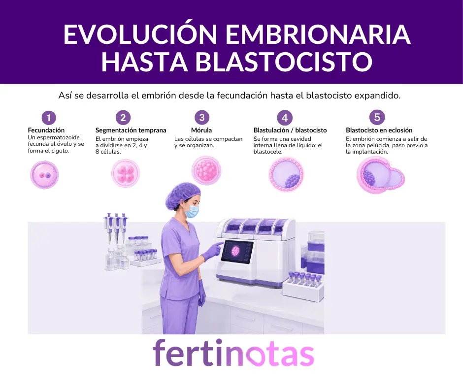 Infografía sobre la evolución embrionaria desde la fecundación y el cigoto hasta la mórula, el blastocisto y el blastocisto en eclosión.