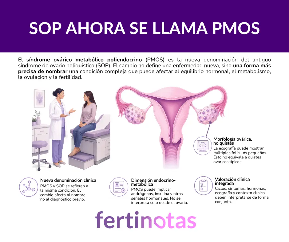 PMOS como nuevo nombre del síndrome de ovario poliquístico, representado con una ilustración anatómica de útero y ovarios.
