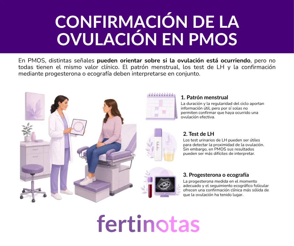 Infografía médica sobre cómo saber si se está ovulando con PMOS o antiguo SOP mediante patrón menstrual, test de LH, progesterona y ecografía.