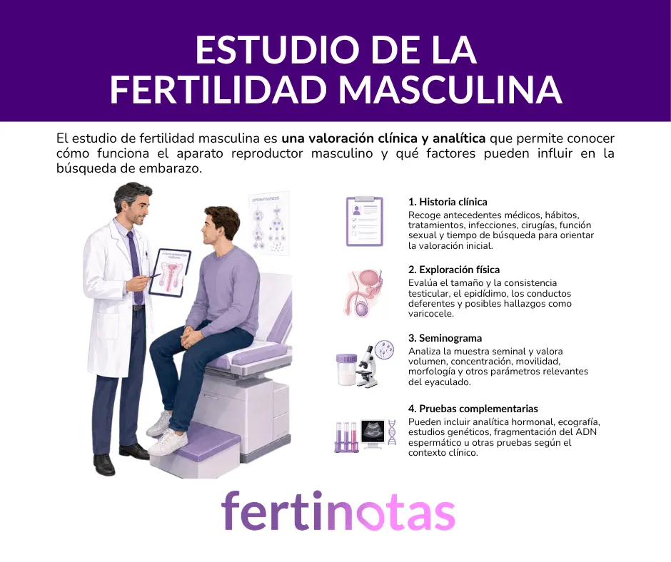 Infografía médica sobre el estudio de fertilidad masculina, con consulta andrológica, historia clínica, exploración física, seminograma y pruebas complementarias.