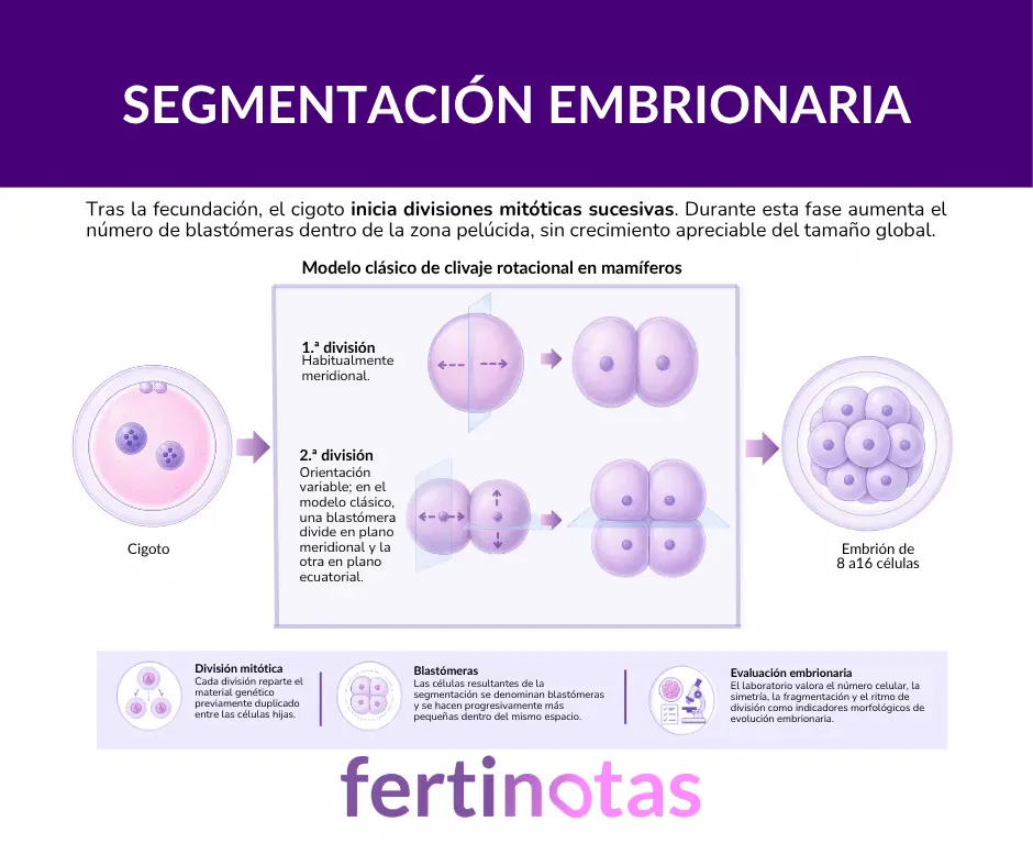 Segmentación embrionaria y clivaje rotacional Infografía sobre la segmentación embrionaria y el modelo clásico de clivaje rotacional en mamíferos.