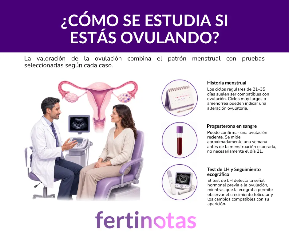 como se estudia si estas ovulando Infografía sobre cómo se estudia la ovulación mediante historia menstrual, progesterona en sangre, test de LH y seguimiento ecográfico.