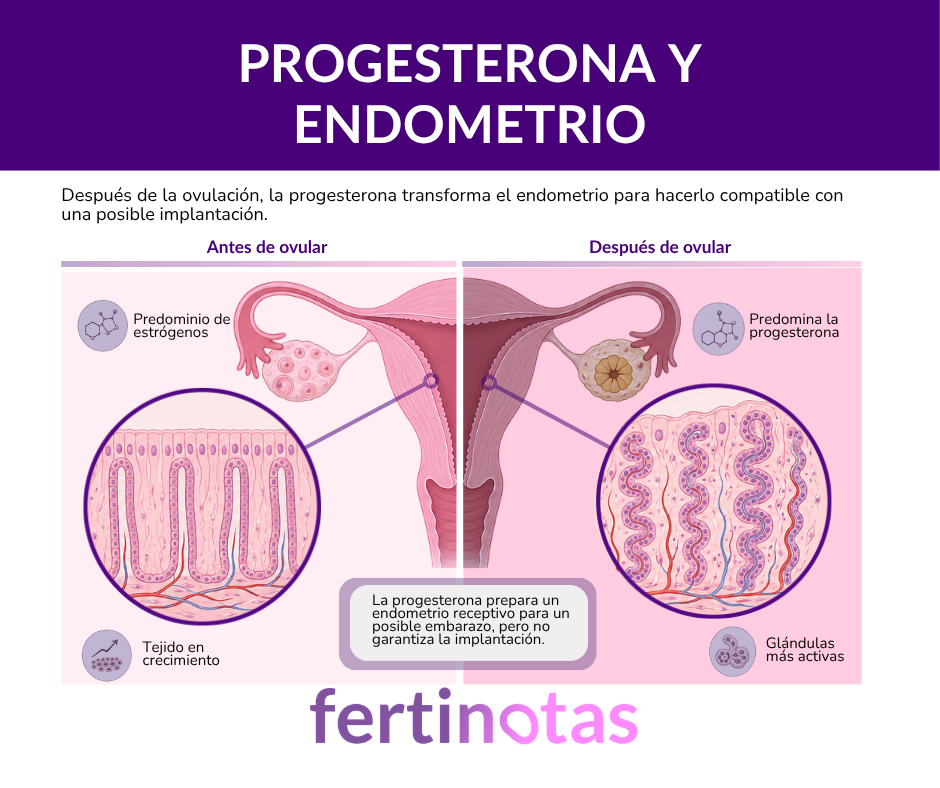 efecto de la progesterona sobre endometrio y implantacion Infografía que compara el endometrio antes y después de la ovulación y muestra el efecto de la progesterona durante la fase lútea.