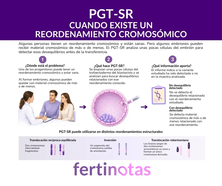 Infografía sobre PGT-SR para detectar desequilibrios cromosómicos relacionados con reordenamientos estructurales.