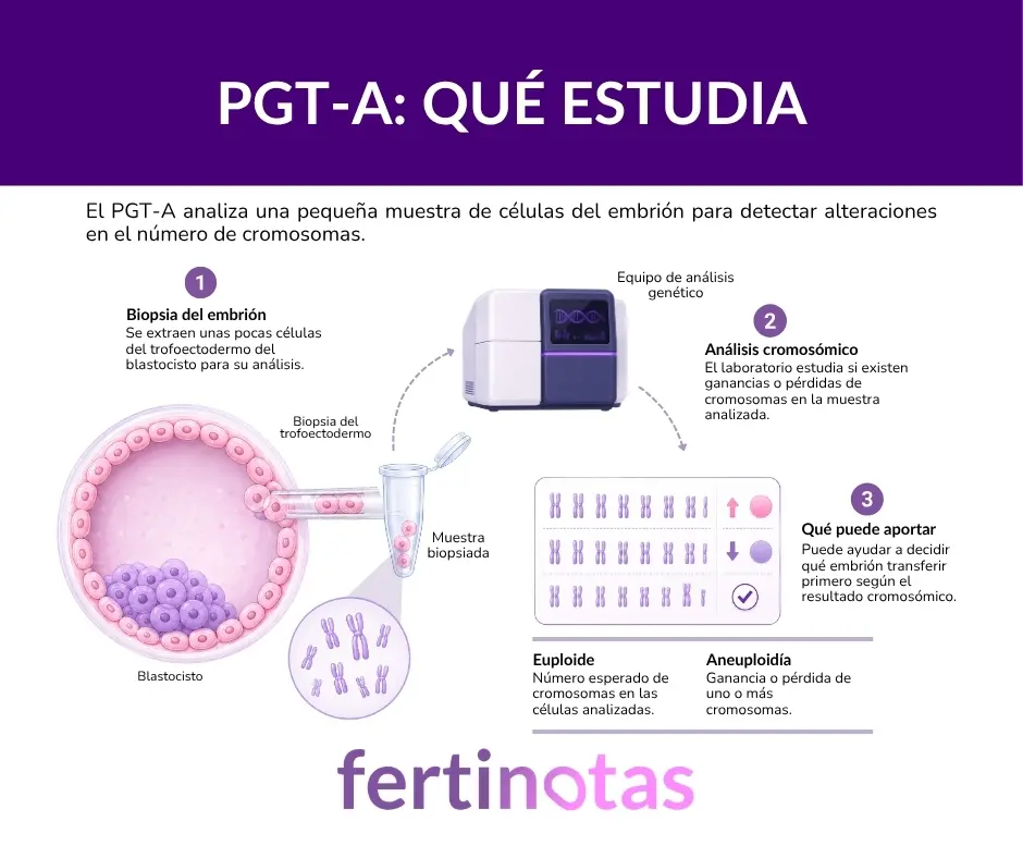 pgta que estudia Infografía sobre PGT-A y el análisis del número de cromosomas en células biopsiadas de un blastocisto.