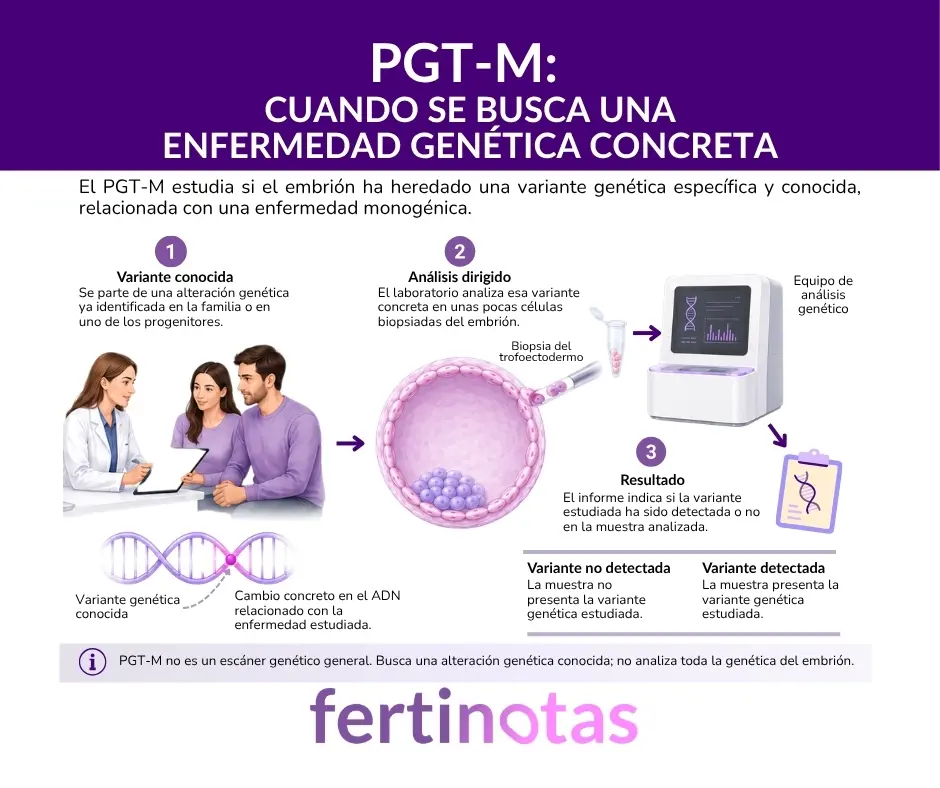 pgtm diagnostico de enfermedad genetica Infografía sobre PGT-M para estudiar si un embrión ha heredado una variante genética concreta asociada a una enfermedad monogénica.