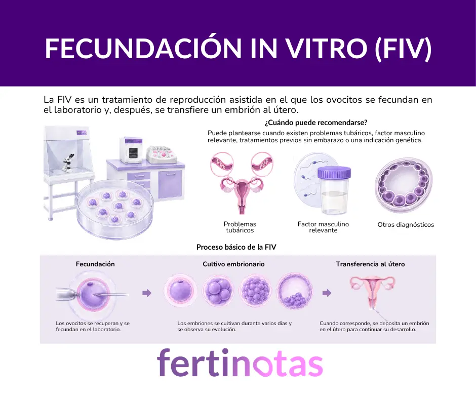 Infografía sobre la fecundación in vitro, sus indicaciones y las principales fases del tratamiento.