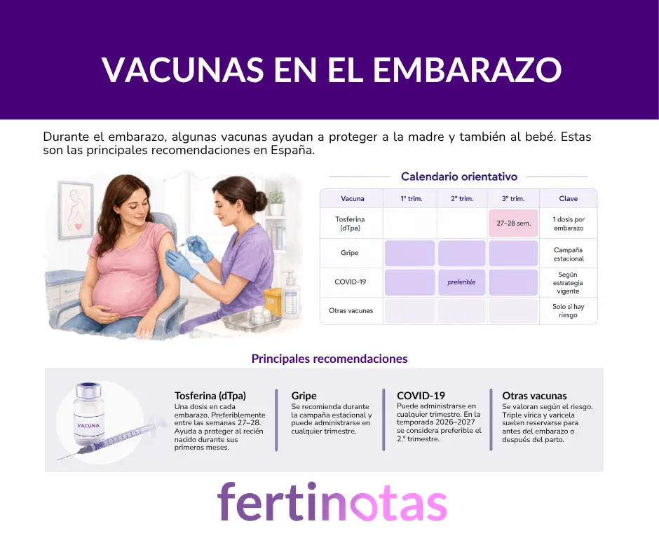 Infografía con las principales vacunas recomendadas durante el embarazo en España y el momento orientativo de administración.