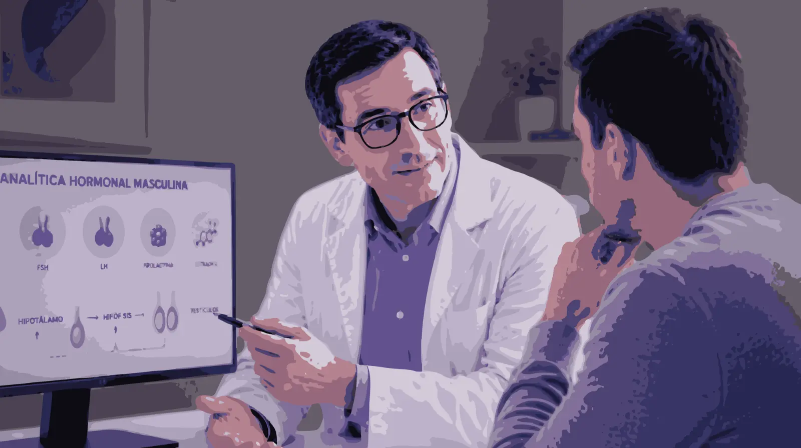 Médico explicando a un paciente una analítica hormonal masculina con testosterona, FSH, LH, prolactina y estradiol en una consulta de fertilidad.