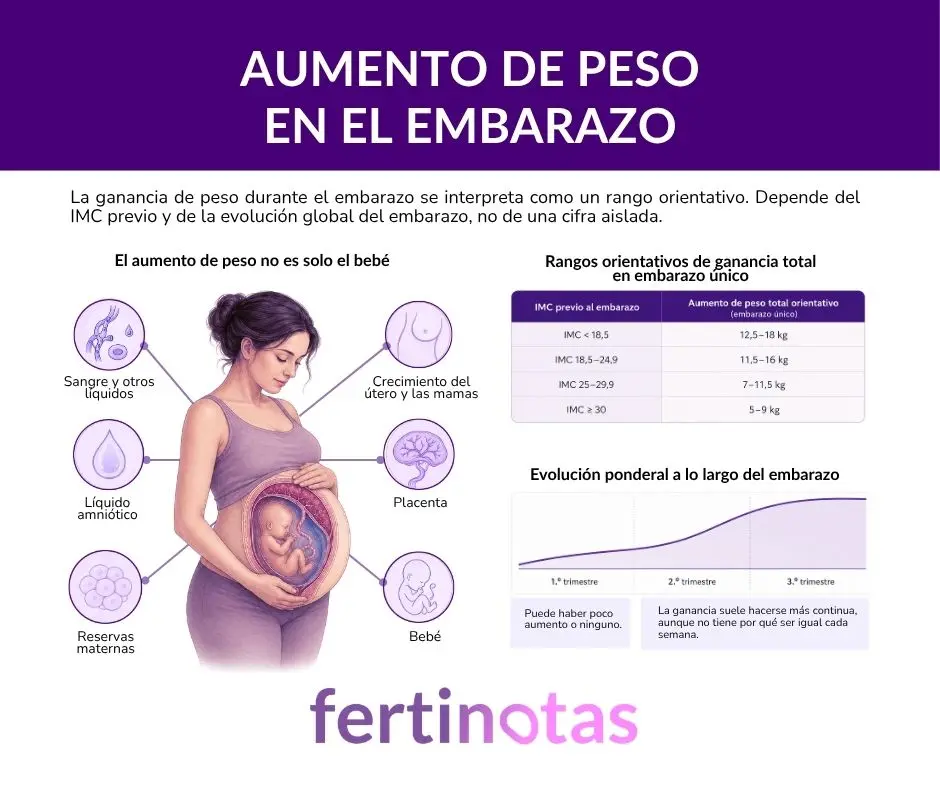 Infografía sobre el aumento de peso durante el embarazo según el IMC previo, los componentes que influyen en la ganancia de peso y su evolución por trimestres.