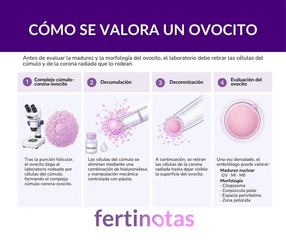 Infografía sobre cómo se valora un ovocito en el laboratorio de FIV, desde el complejo cúmulo-corona-ovocito hasta la evaluación de su madurez y morfología.</p>
<p>Title
