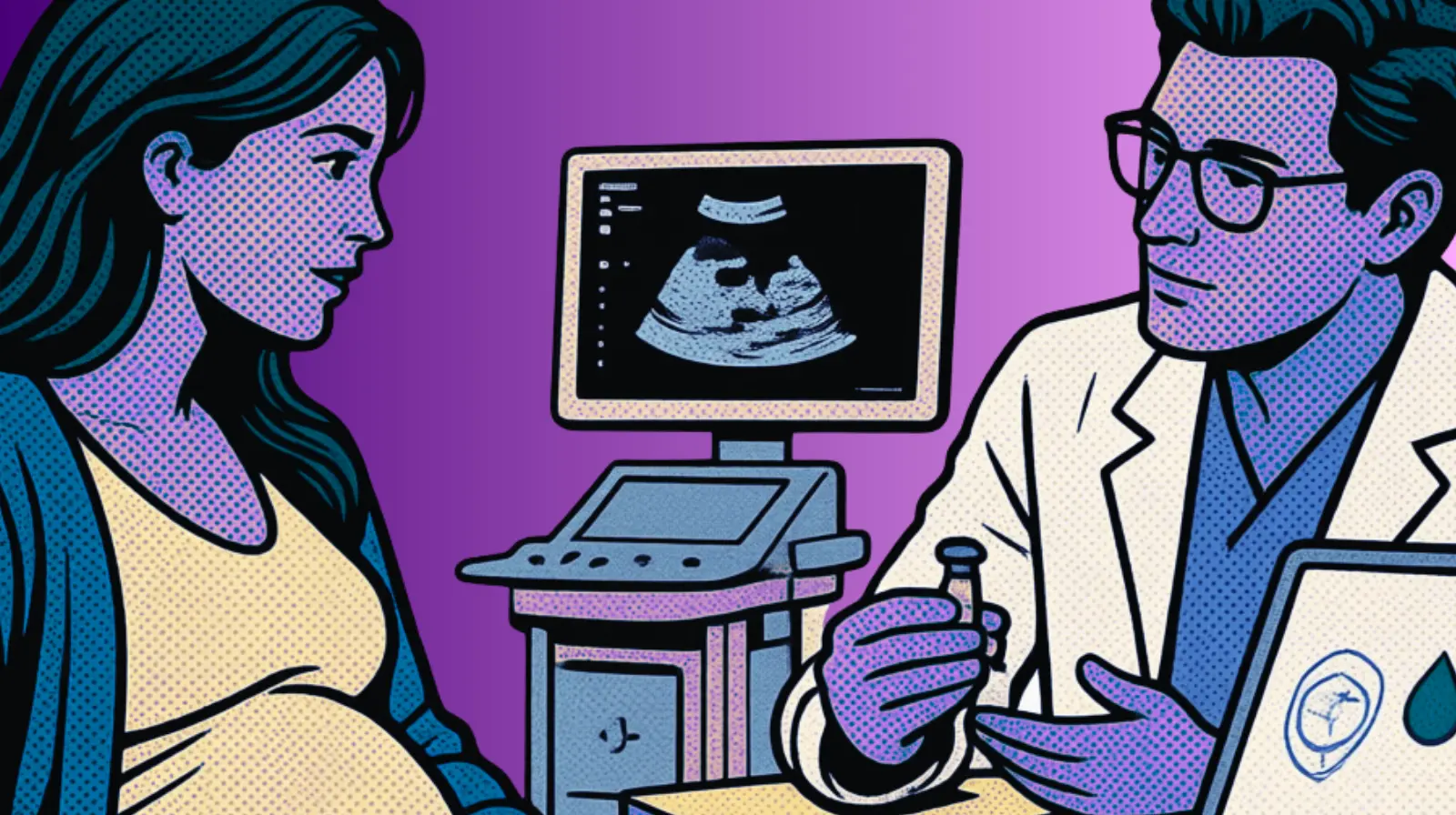 Médico explicando a una mujer embarazada la incompatibilidad Rh y la prevención con inmunoglobulina anti-D durante el embarazo.