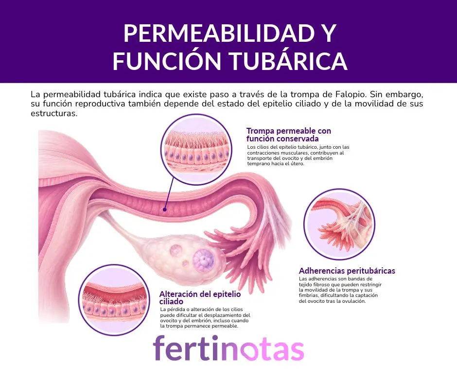 Infografía anatómica de una trompa de Falopio con ampliaciones del epitelio ciliado y adherencias peritubáricas que pueden alterar la captación y el transporte del ovocito.