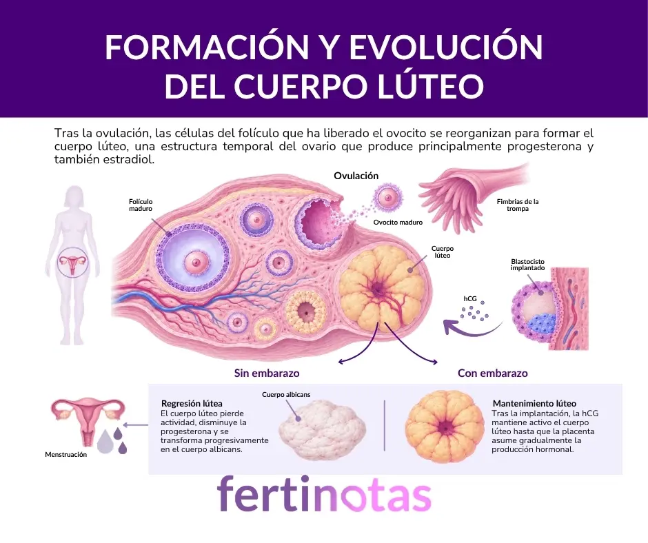 Infografía sobre la formación y evolución del cuerpo lúteo después de la ovulación y durante el embarazo.