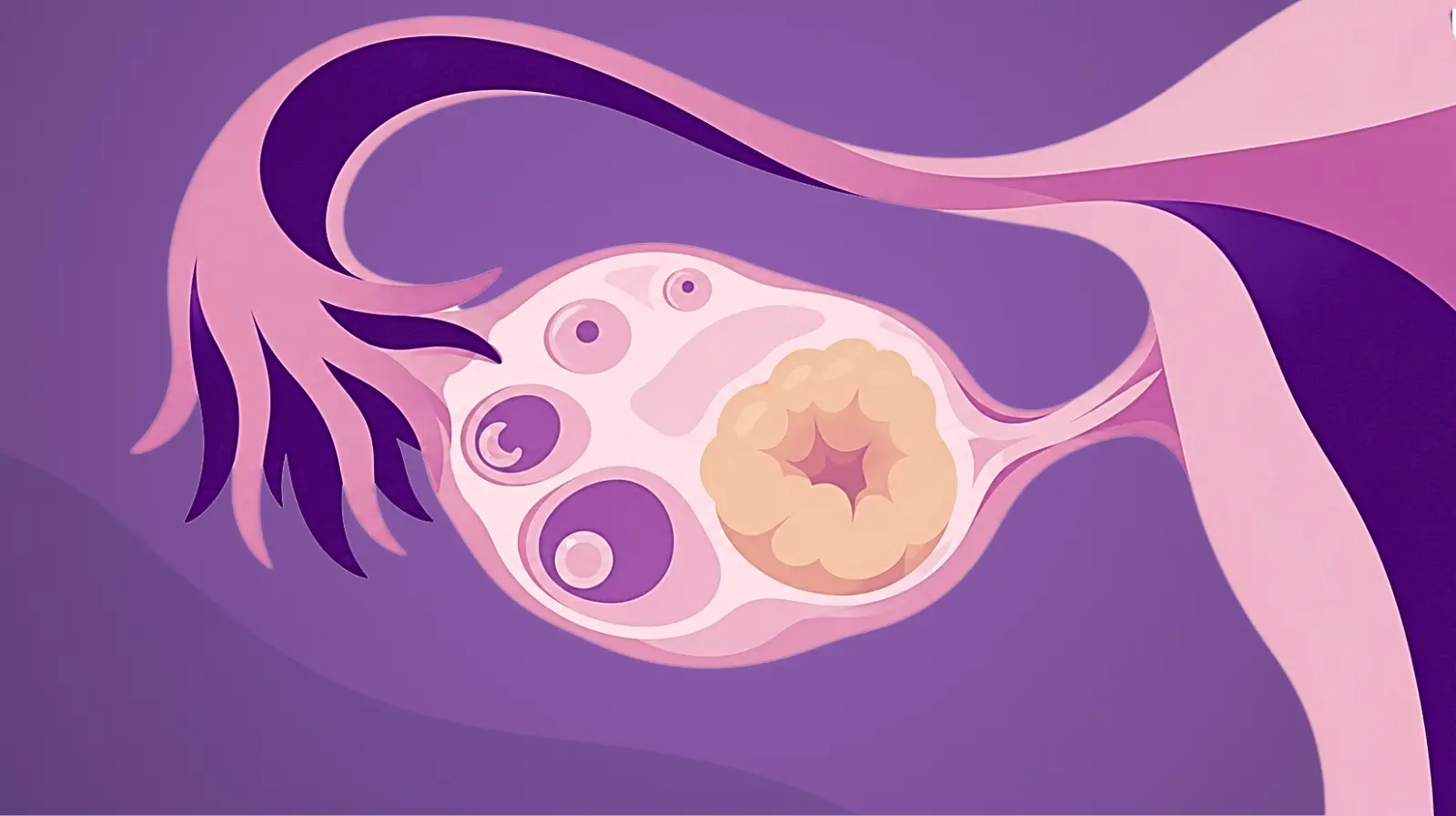 Ilustración editorial de un ovario con folículos y cuerpo lúteo tras la ovulación.