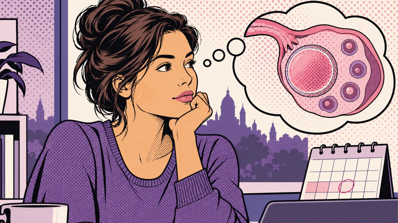 Ilustración sobre edad y fertilidad femenina, con mujer, ovario y ovocitos